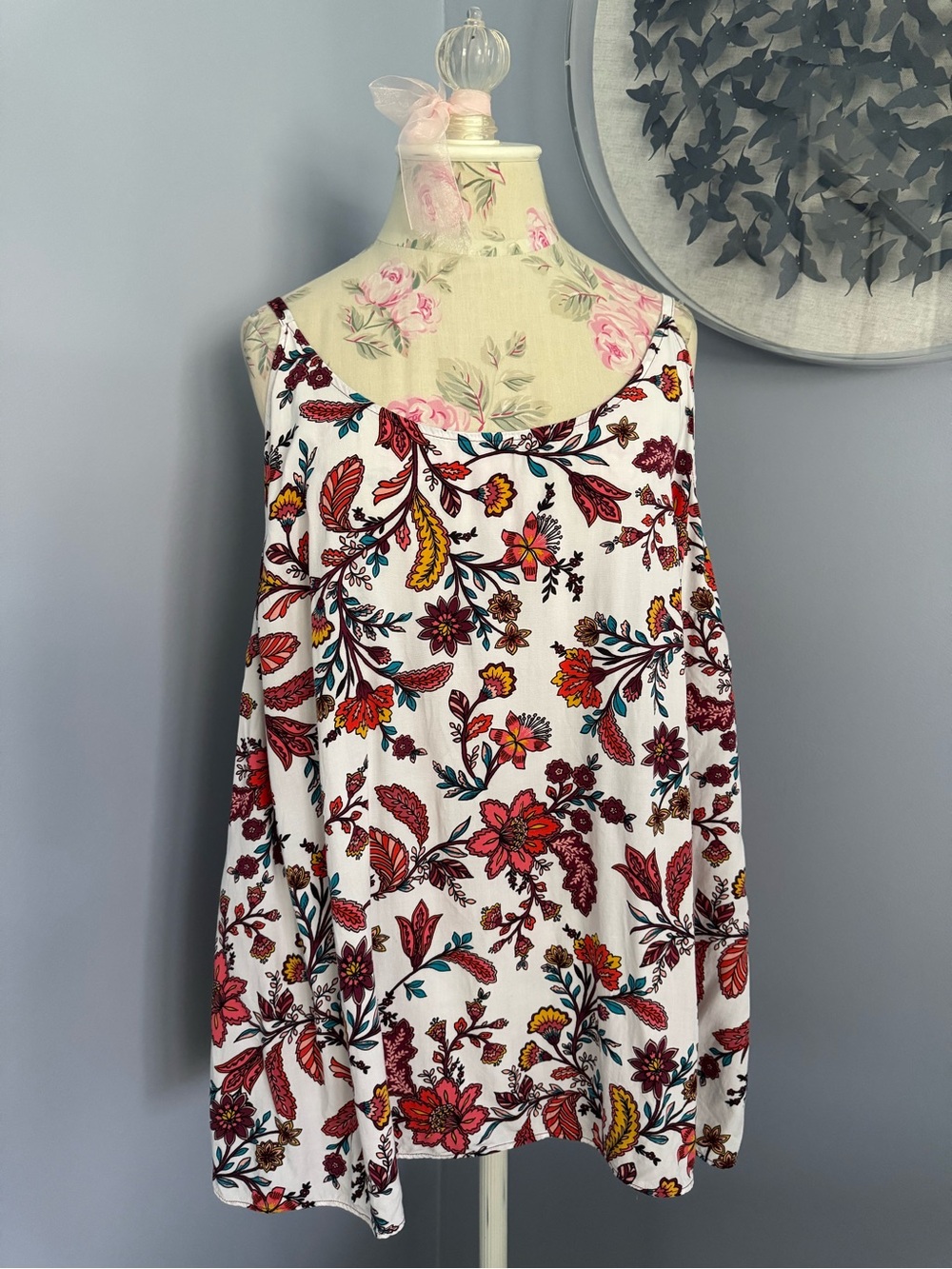 Boutique White Floral Print Camisole with Red, Yellow & Teal Accents